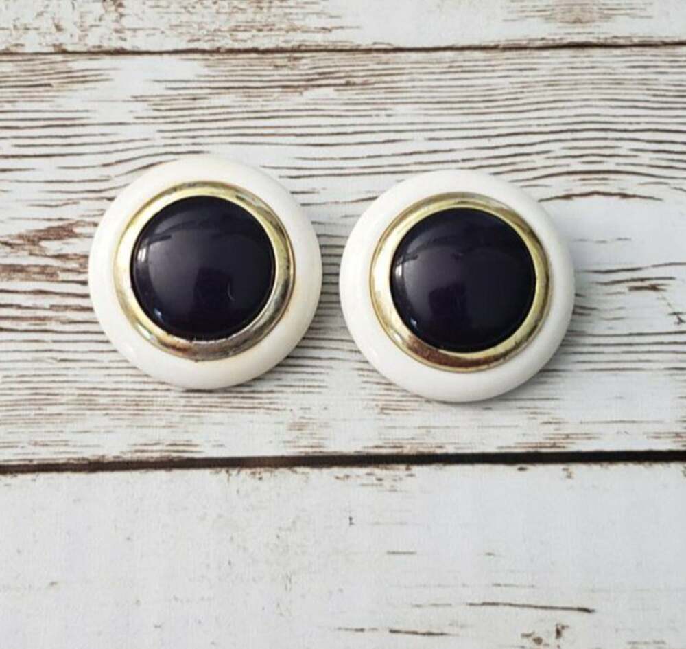 Vintage Clip On Earrings - Tri Color Circle Off White, Gold Tone, Dark Center